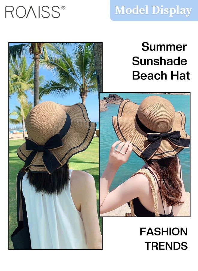 2 Pcs Straw Hat and Straw Bag Set, Wide Brim Sun Hat with Bow Decoration, Summer Outdoor UV Protection Beach Hat and Bow Handbag for Women