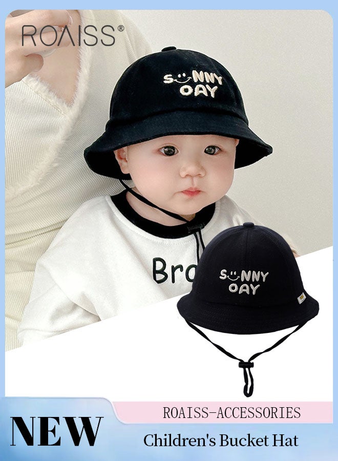 Children's Black Bucket Hat, Embroidered Sun Protection Hat with Windproof Belt, Wide Brim Sun Protection Bucket Hat, Suitable for Outdoor Sports Summer Beach Party