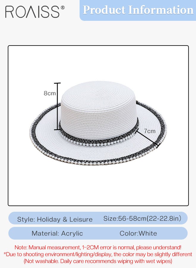 Classic Flat Top Straw Hat for Women Summer Beach Hat Vacation Sunshade Sunscreen Woven Hat Pearl Decoration Sun Hat Fashion Accessories