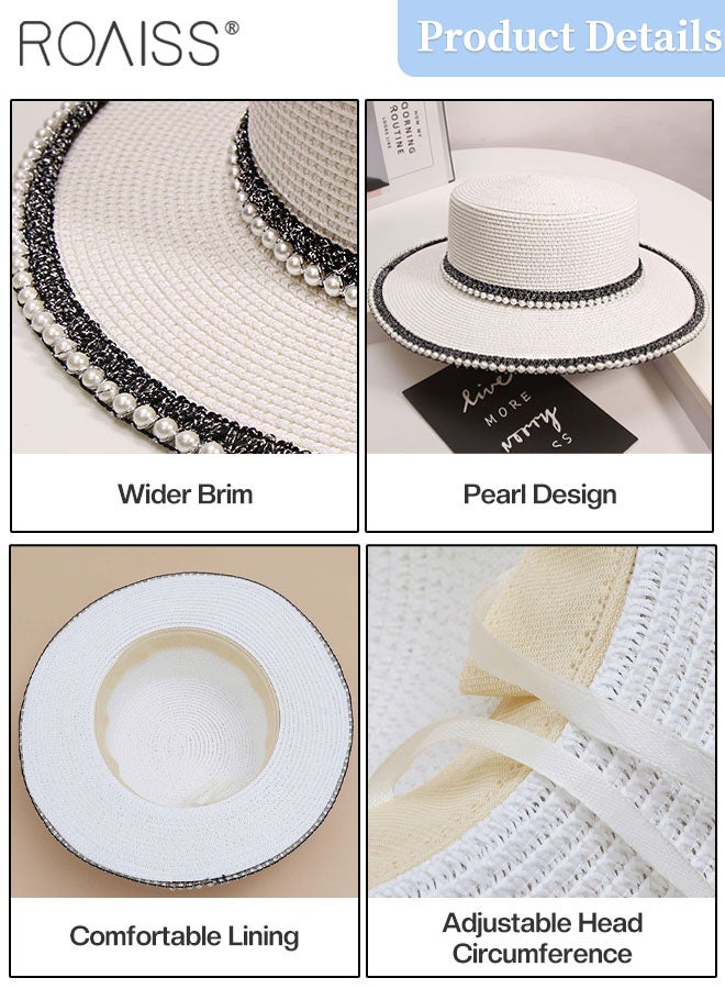 Classic Flat Top Straw Hat for Women Summer Beach Hat Vacation Sunshade Sunscreen Woven Hat Pearl Decoration Sun Hat Fashion Accessories