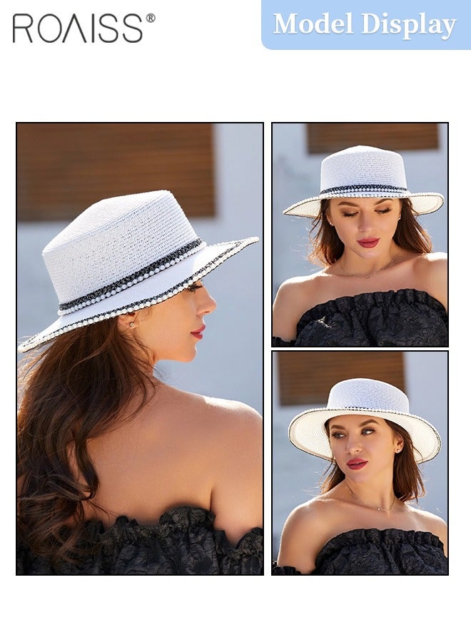 Classic Flat Top Straw Hat for Women Summer Beach Hat Vacation Sunshade Sunscreen Woven Hat Pearl Decoration Sun Hat Fashion Accessories