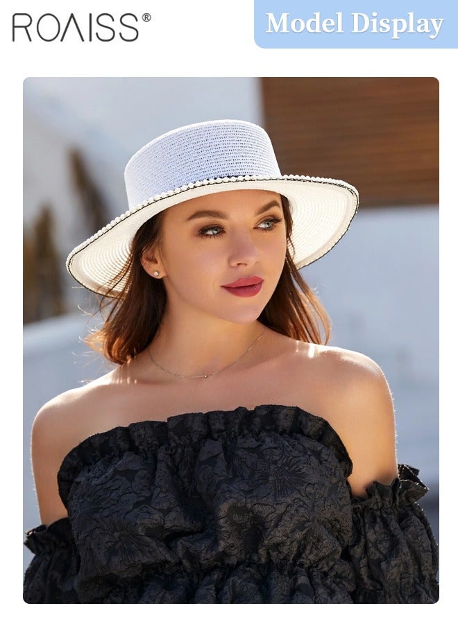 Classic Flat Top Straw Hat for Women Summer Beach Hat Vacation Sunshade Sunscreen Woven Hat Pearl Decoration Sun Hat Fashion Accessories