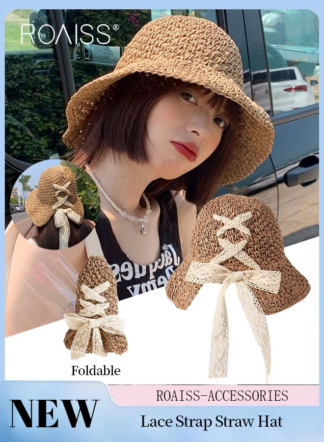 Women's Lace Strap Straw Hat, Foldable Breathable Wide Brim Sun Hat with Bow Decoration for Summer Beach Seaside Vacation Fashion Accessories