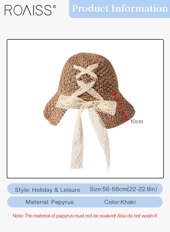 Women's Lace Strap Straw Hat, Foldable Breathable Wide Brim Sun Hat with Bow Decoration for Summer Beach Seaside Vacation Fashion Accessories