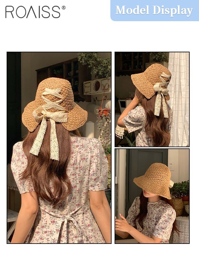 Women's Lace Strap Straw Hat, Foldable Breathable Wide Brim Sun Hat with Bow Decoration for Summer Beach Seaside Vacation Fashion Accessories