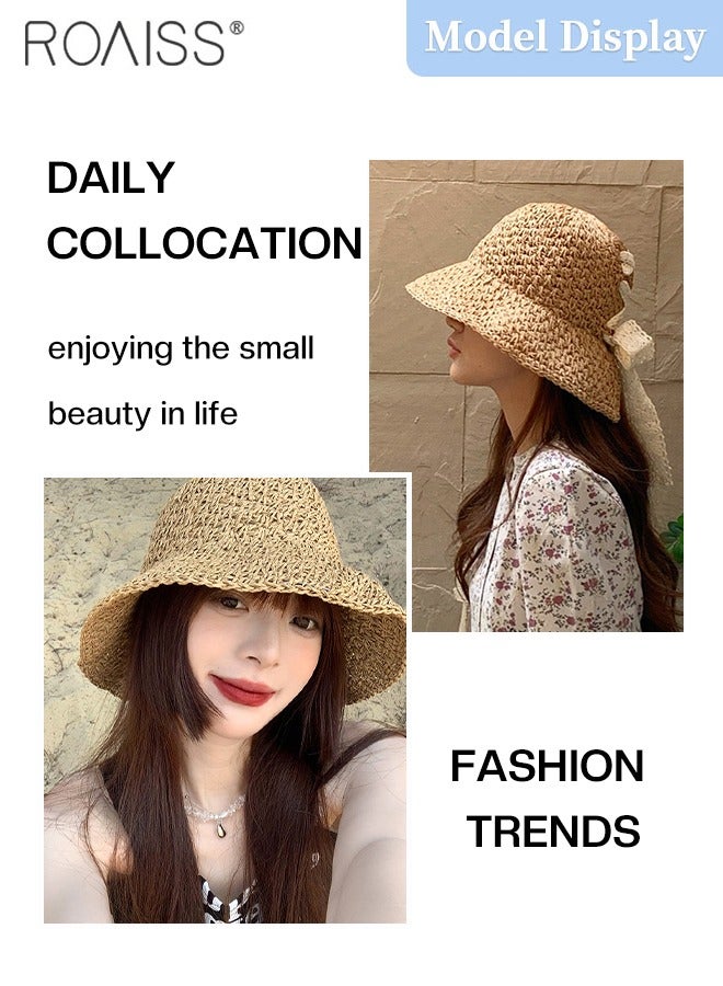 Women's Lace Strap Straw Hat, Foldable Breathable Wide Brim Sun Hat with Bow Decoration for Summer Beach Seaside Vacation Fashion Accessories