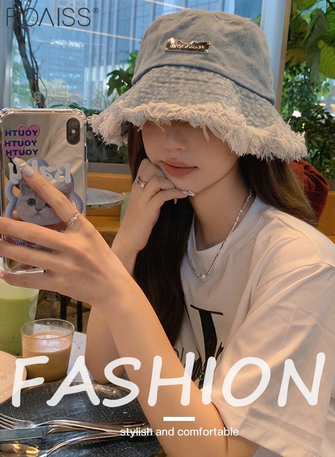 Raw Edge Denim Bucket Hat for Women, Lightweight Breathable Sun Hat with UV Protection for Summer Beach Outdoor, Fashion Accessories