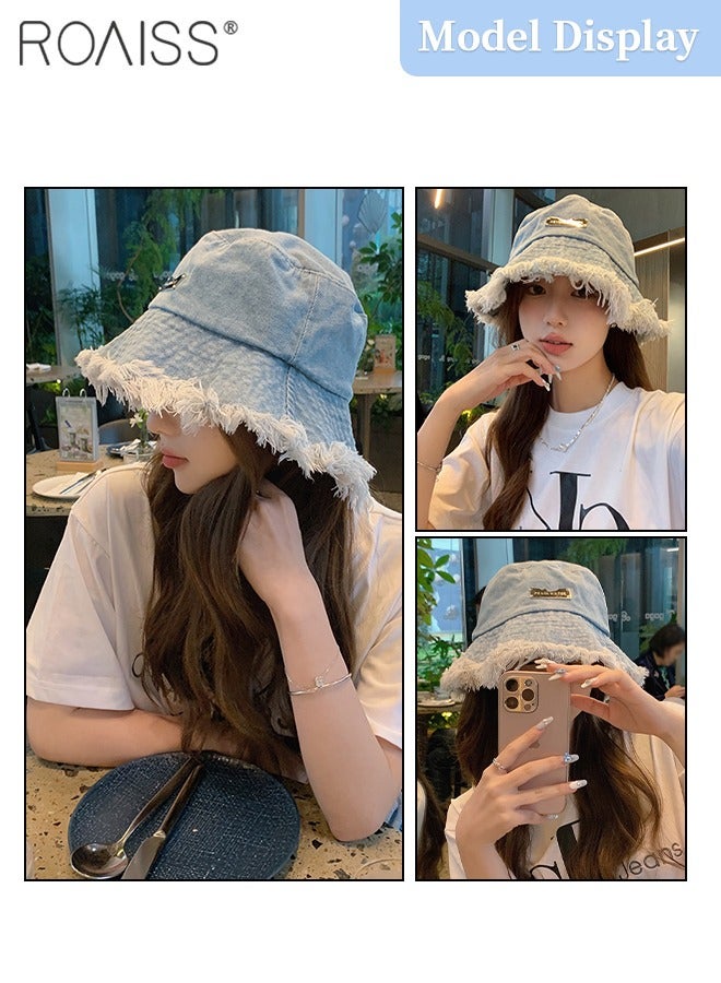 Raw Edge Denim Bucket Hat for Women, Lightweight Breathable Sun Hat with UV Protection for Summer Beach Outdoor, Fashion Accessories