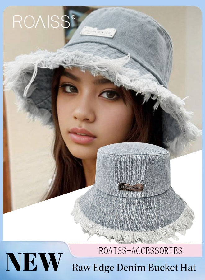 Raw Edge Denim Bucket Hat for Women, Lightweight Breathable Sun Hat with UV Protection for Summer Beach Outdoor, Fashion Accessories