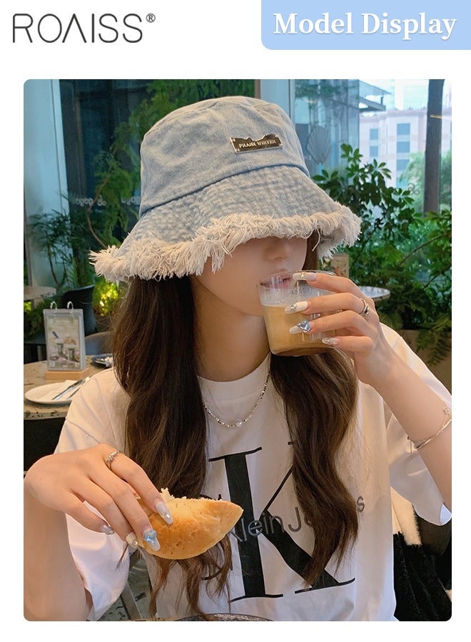 Raw Edge Denim Bucket Hat for Women, Lightweight Breathable Sun Hat with UV Protection for Summer Beach Outdoor, Fashion Accessories