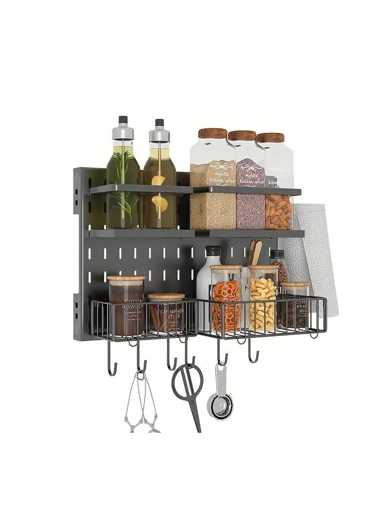 Spice Rack, Easy Install Home Hole Plate Wall Rack, Magnetic Storage Box, Metal Refrigerator Rack With Hooks, Space Saving Wall Mounted Storage Organizer, For Kitchen