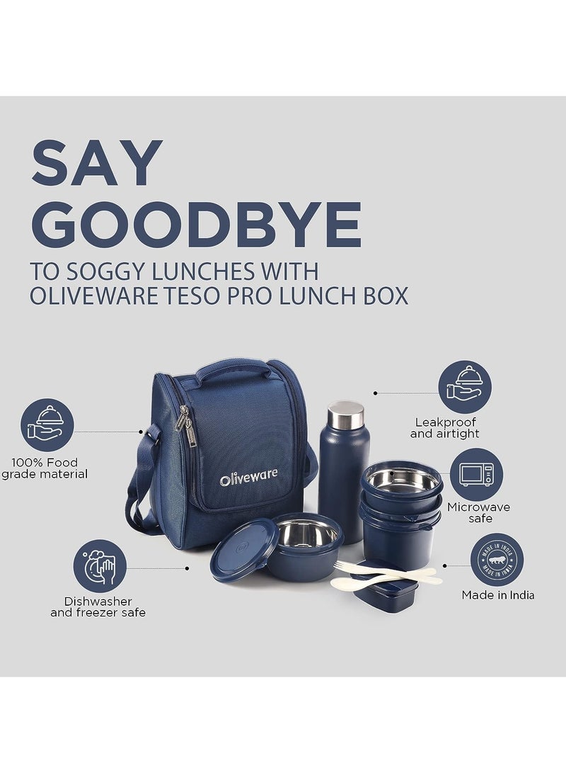 SOPL-OLIVEWARE Teso Lunch Box With Plastic Cutlery,3 Microwave Safe Inner Steel Containers With Bpa Free Lids(290Ml,450Ml&600Ml)Plastic Pickle Box(130Ml)Steel Water Bottle(750Ml)-Blue,290 Milliliter