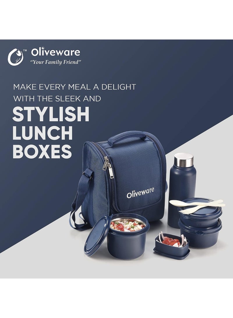 SOPL-OLIVEWARE Teso Lunch Box With Plastic Cutlery,3 Microwave Safe Inner Steel Containers With Bpa Free Lids(290Ml,450Ml&600Ml)Plastic Pickle Box(130Ml)Steel Water Bottle(750Ml)-Blue,290 Milliliter