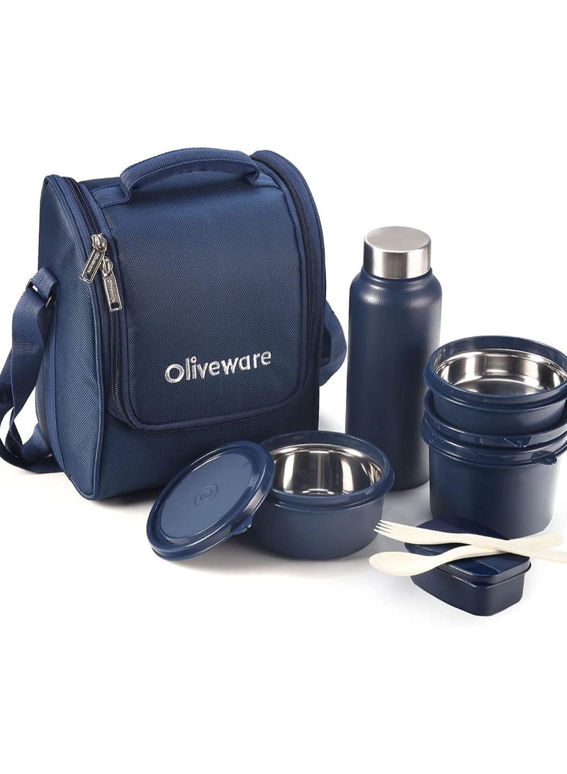 SOPL-OLIVEWARE Teso Lunch Box With Plastic Cutlery,3 Microwave Safe Inner Steel Containers With Bpa Free Lids(290Ml,450Ml&600Ml)Plastic Pickle Box(130Ml)Steel Water Bottle(750Ml)-Blue,290 Milliliter