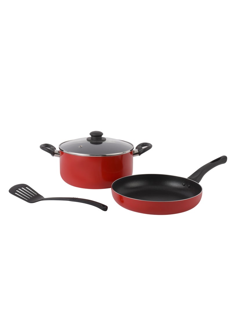 4 Piece Nonstick Cookware Set DC2899 24 cm casserole with lid, a 26 cm frypan, and a nylon turner assorted color