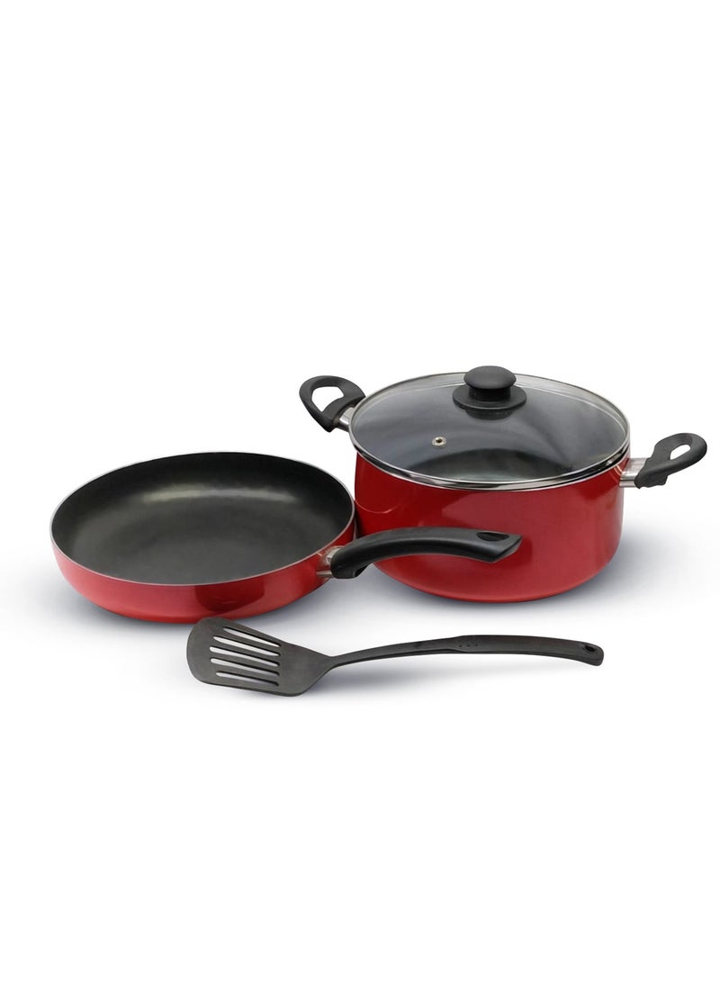 4 Piece Nonstick Cookware Set DC2899 24 cm casserole with lid, a 26 cm frypan, and a nylon turner assorted color