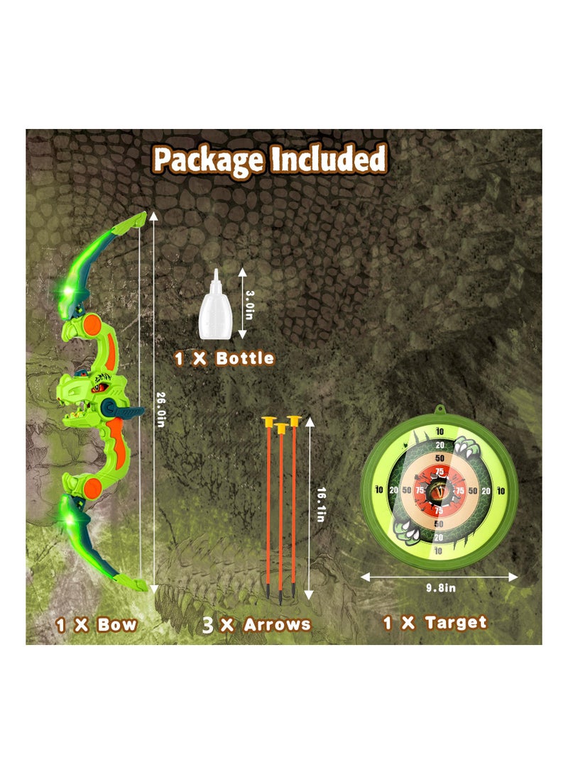 Kids Bow and Arrow Toy Set, Dinosaur Bow and Arrow with LED Lights & Spray, Comes with 3 Suction Cup Arrows & Hanging Target, Indoor Outdoor Kids Toys for Boys Girls Ages 4-12