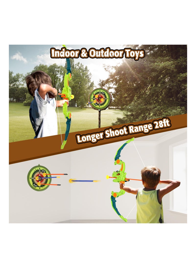 Kids Bow and Arrow Toy Set, Dinosaur Bow and Arrow with LED Lights & Spray, Comes with 3 Suction Cup Arrows & Hanging Target, Indoor Outdoor Kids Toys for Boys Girls Ages 4-12