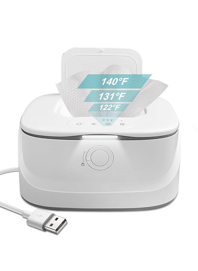 Upgraded Baby Wipe Warmer with Spring Holder, 140°F 131°F 122°F Babies Wet Wipes Dispenser Warmer with Night Light, USB Charging Large Capacity Diaper Warmer, Baby Newborn Essentials Must Haves