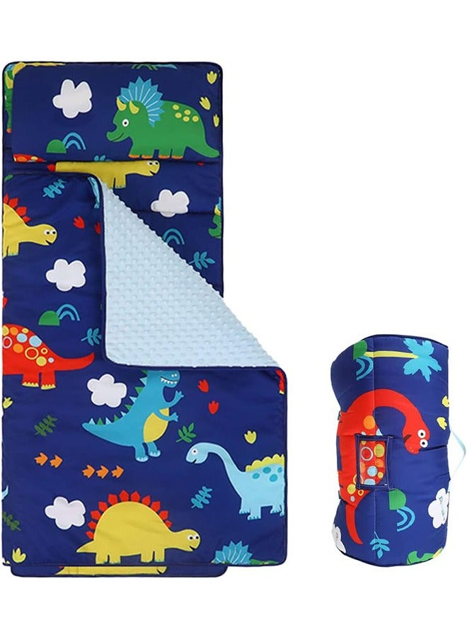 Kids Nap Mat with Weighted Blanket for Daycare, Insugar Sleeping Bag with Pillow, Toddler Nap Mat for Preschool and Sleepovers, 125x 50 cm, Blue Dinosaur.