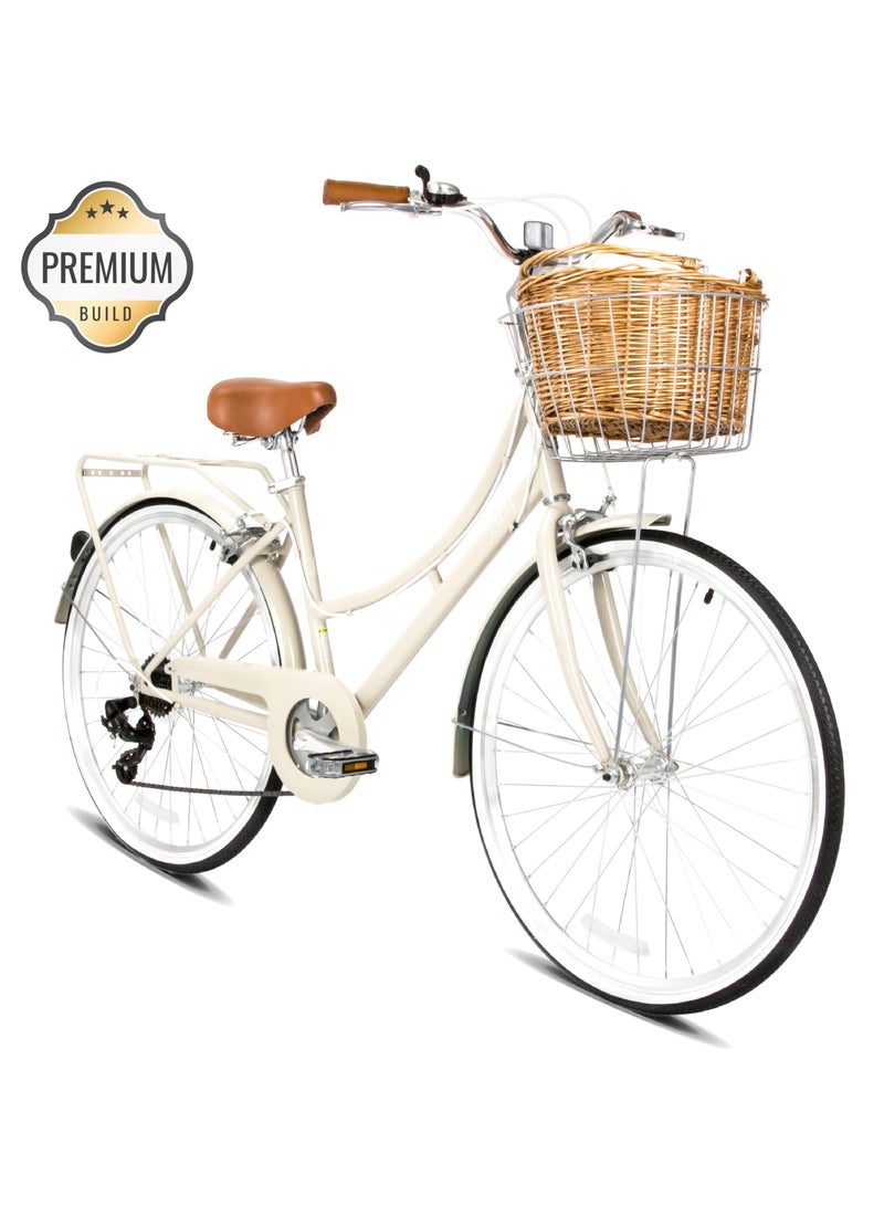 Spartan Platinum City Bike – 700c – Bikes With Gears for Women – Cruiser Bicycle for Ladies – Includes Rear Rack, Vintage Basket and Stand, Comfort Saddle – Commuter Bicycles - Ivory