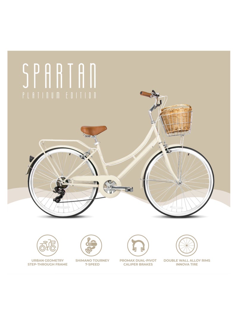 Spartan Platinum City Bike – 700c – Bikes With Gears for Women – Cruiser Bicycle for Ladies – Includes Rear Rack, Vintage Basket and Stand, Comfort Saddle – Commuter Bicycles - Ivory