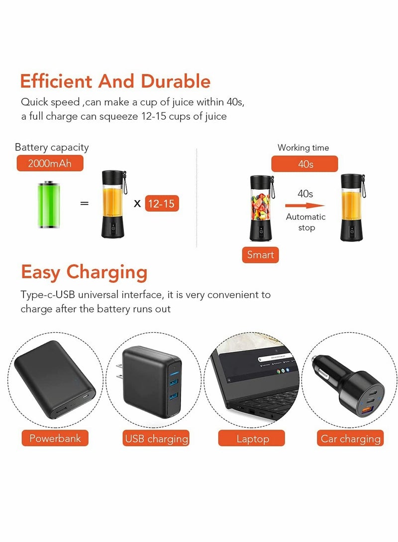 Portable Blender, Travel Blender, Mini Blender, Personal Mixer Fruit Rechargeable with USB, 380ml, Fruit Juice for Great Mixing (Black)