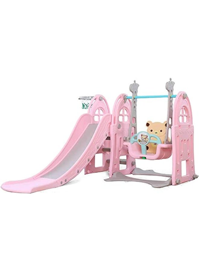 RBW TOYS Kids 3 in 1 Outdoor Play Structure Jumbo Slide with Swing And Basket Ball Game (Pink)