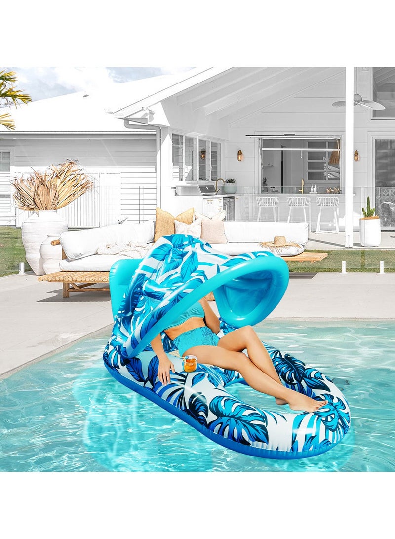 Pool Floats Adult Inflatable Swimming Pool Floats Lounger Chair with Canopy and Two Cup Holder Heavy Duty Pool Float Beach Pool Party Toys