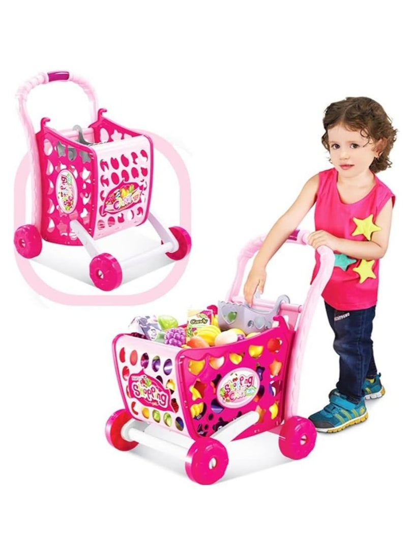 3 in 1 Kids Supermarket Shopping Cart Hand Induction with Light & Sound Pretend Play Toy for Kid with Fruits & Vegetables, Pink (Doll not Included) (Shopping CART 3 in 1)