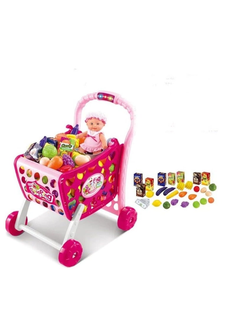 3 in 1 Kids Supermarket Shopping Cart Hand Induction with Light & Sound Pretend Play Toy for Kid with Fruits & Vegetables, Pink (Doll not Included) (Shopping CART 3 in 1)