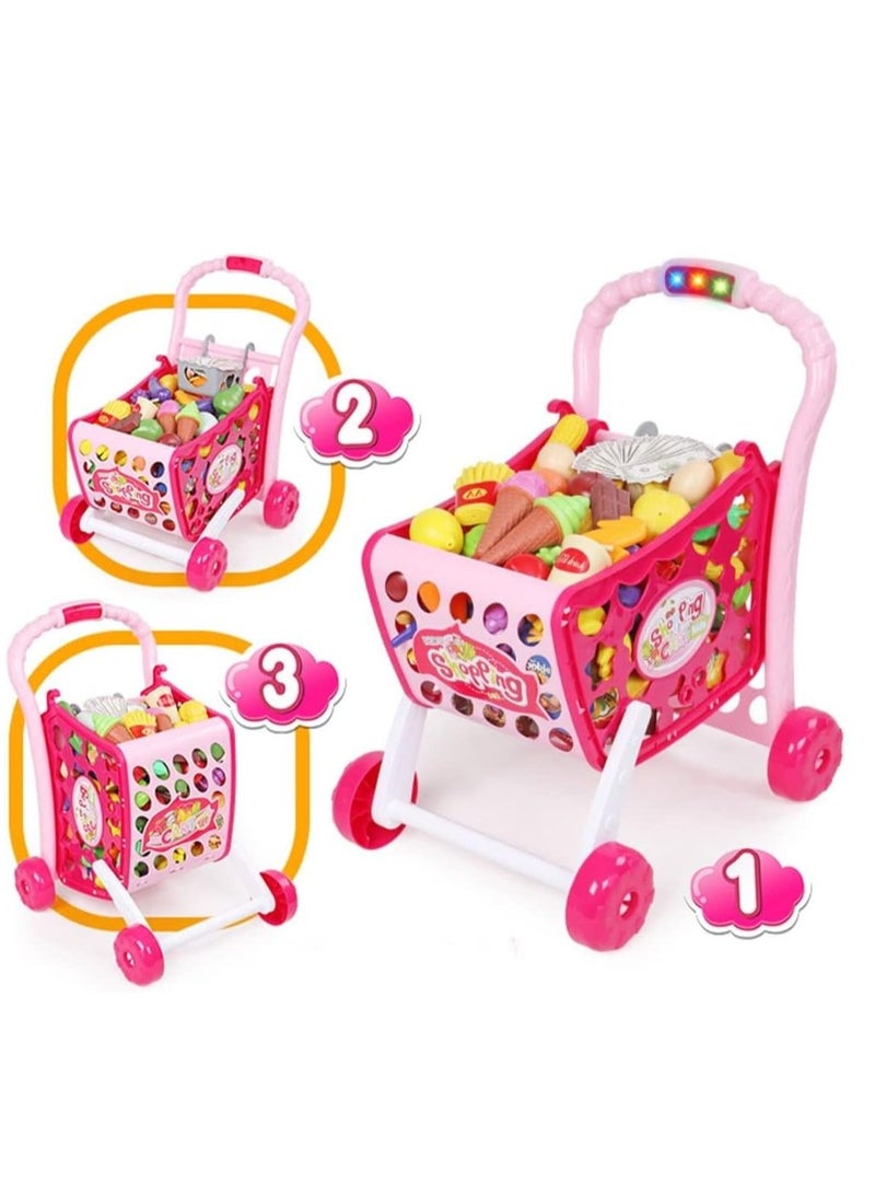 3 in 1 Kids Supermarket Shopping Cart Hand Induction with Light & Sound Pretend Play Toy for Kid with Fruits & Vegetables, Pink (Doll not Included) (Shopping CART 3 in 1)