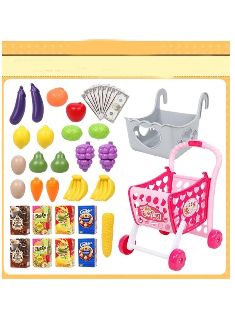 3 in 1 Kids Supermarket Shopping Cart Hand Induction with Light & Sound Pretend Play Toy for Kid with Fruits & Vegetables, Pink (Doll not Included) (Shopping CART 3 in 1)