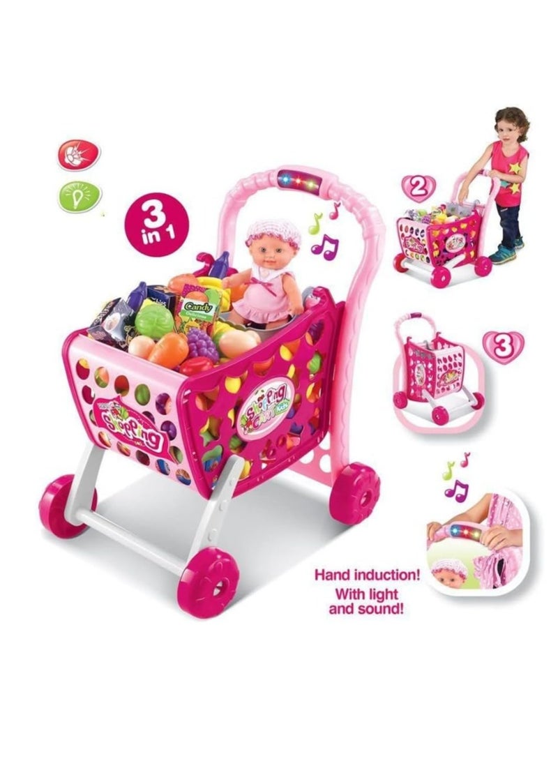 3 in 1 Kids Supermarket Shopping Cart Hand Induction with Light & Sound Pretend Play Toy for Kid with Fruits & Vegetables, Pink (Doll not Included) (Shopping CART 3 in 1)