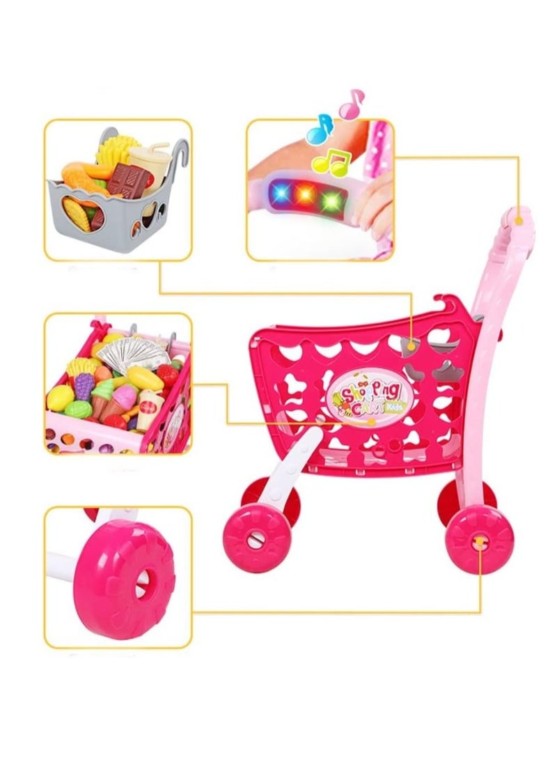 3 in 1 Kids Supermarket Shopping Cart Hand Induction with Light & Sound Pretend Play Toy for Kid with Fruits & Vegetables, Pink (Doll not Included) (Shopping CART 3 in 1)