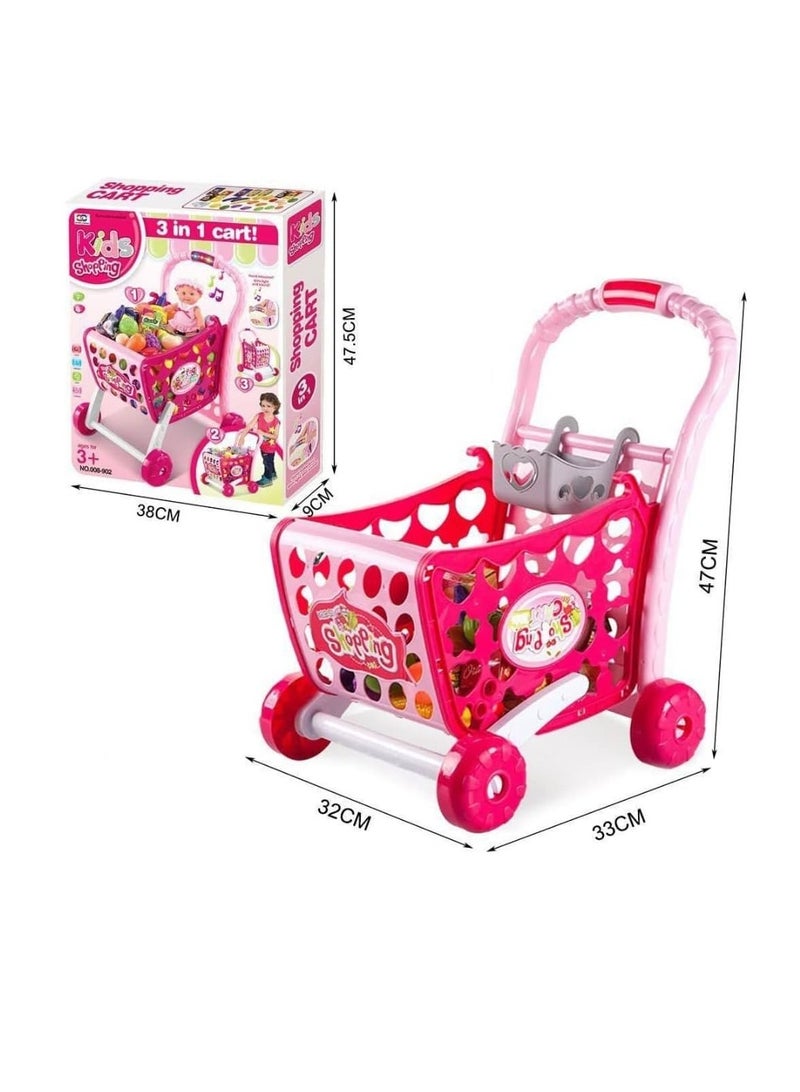 3 in 1 Kids Supermarket Shopping Cart Hand Induction with Light & Sound Pretend Play Toy for Kid with Fruits & Vegetables, Pink (Doll not Included) (Shopping CART 3 in 1)