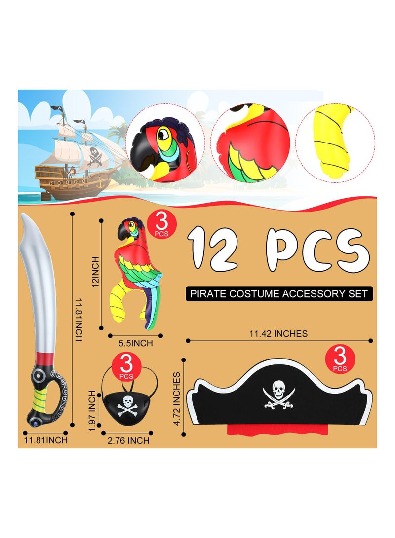 Pirate Costume Accessories Set for Kids, 3 Inflatable Pirate Parrot Shoulder 3 Pirate Captain Hat 3 Pirate Eye Patches 3 Inflatable Pirate Swords, Funny Pirate Party Role Play Supplies for Boys Girls