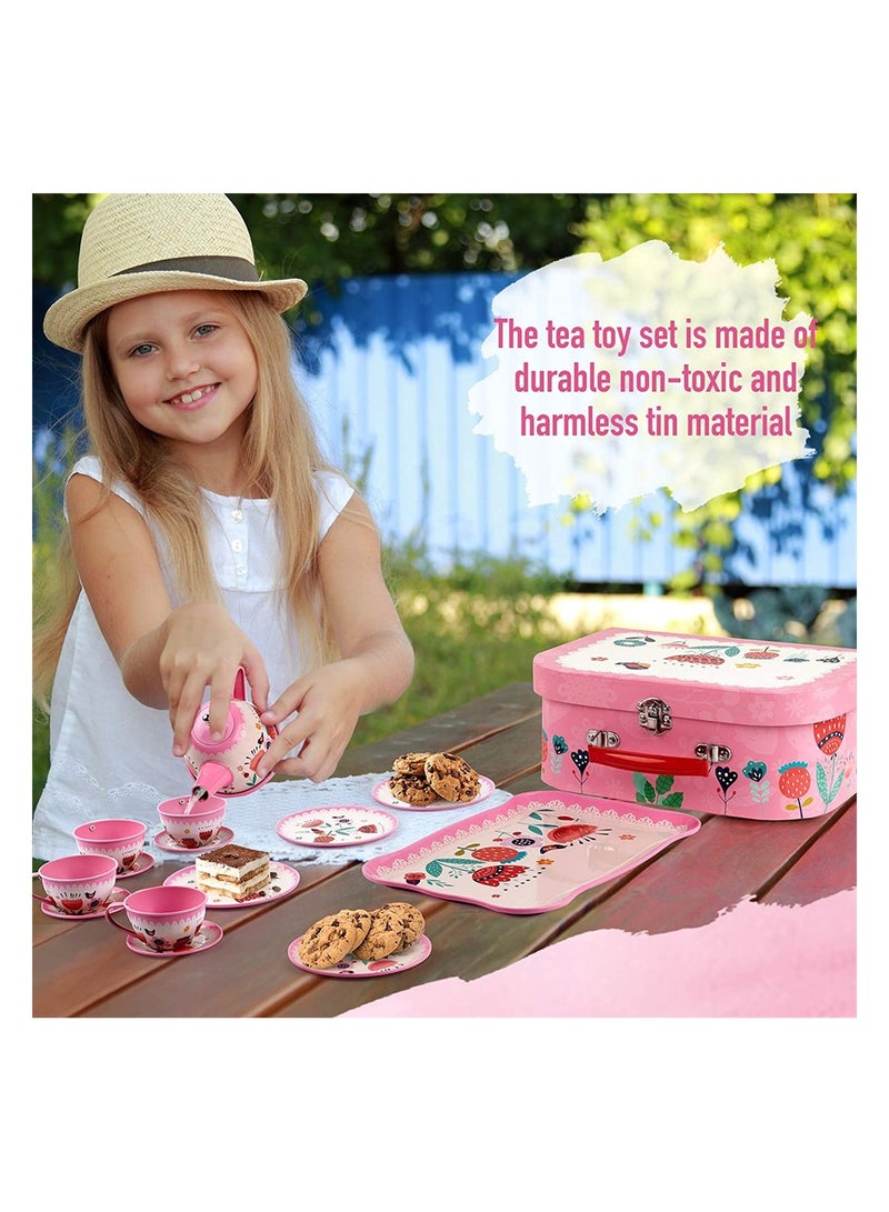 Tea Set for Little Girls, Pink Tin Tea Party Set for Toddlers Afternoon Tea Time Playset with Metal Teapots Tea Cups Play Dishes Princess Toys with Carry Case, Kids Kitchen Dress Up Play Tea Set