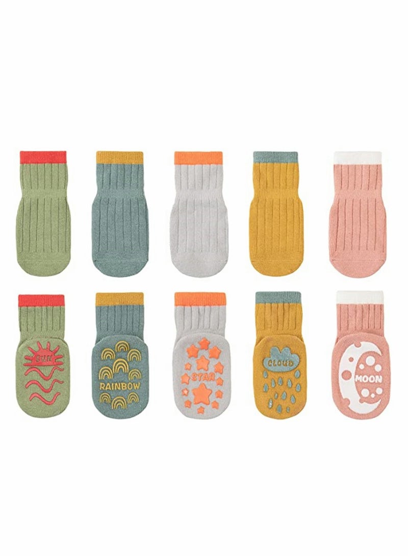 Baby Socks, Non-Slip Grip Socks, Newborn Anti-Slip Crew Socks, Girls Soft Comfortable First Walking Shoe Socks, Boys Breathable Cute Animal Floor Socks 0-5 Years Old, 5 Pack