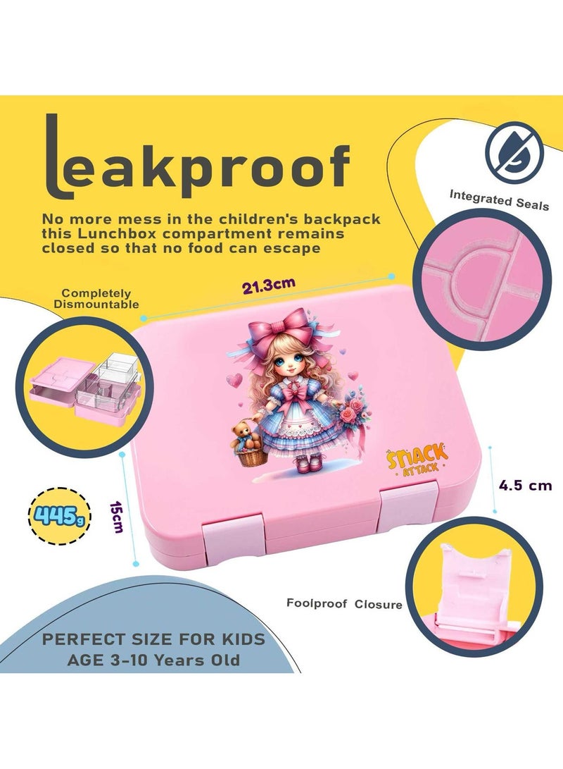 Bento Lunch Box for Kids, BPA-Free Leakproof Lunch containers with 4/6 Compartments (Pink Doll)