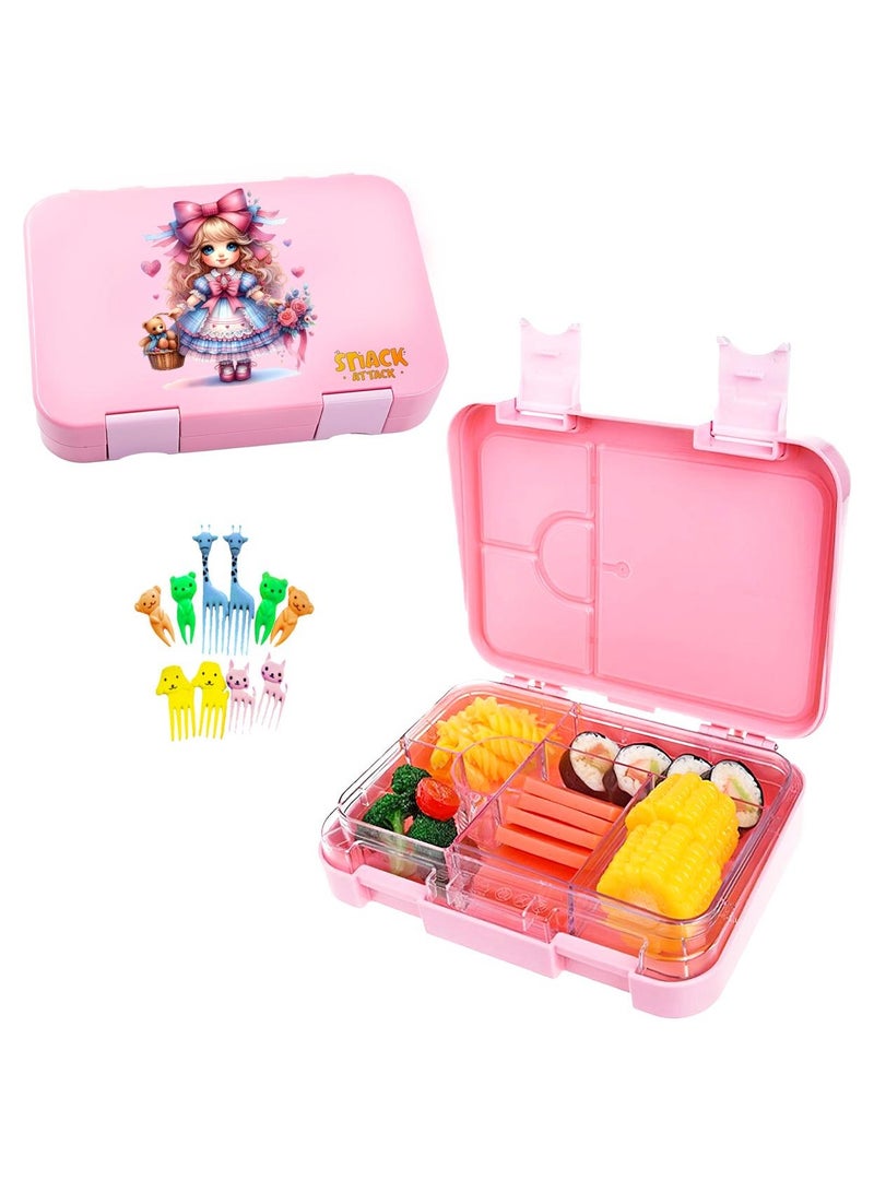 Bento Lunch Box for Kids, BPA-Free Leakproof Lunch containers with 4/6 Compartments (Pink Doll)