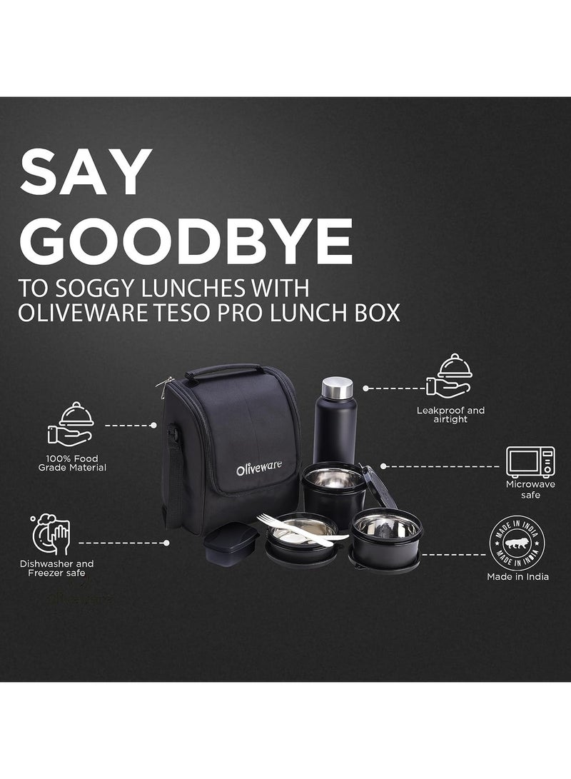 Oliveware Teso Lunch Box with Bottle Black | 3 Stainless Steel Containers and Pickle Box and Assorted Steel Bottle | Insulated Fabric Bag | Leak Proof Microwave Safe | Full Meal and Easy to Carry