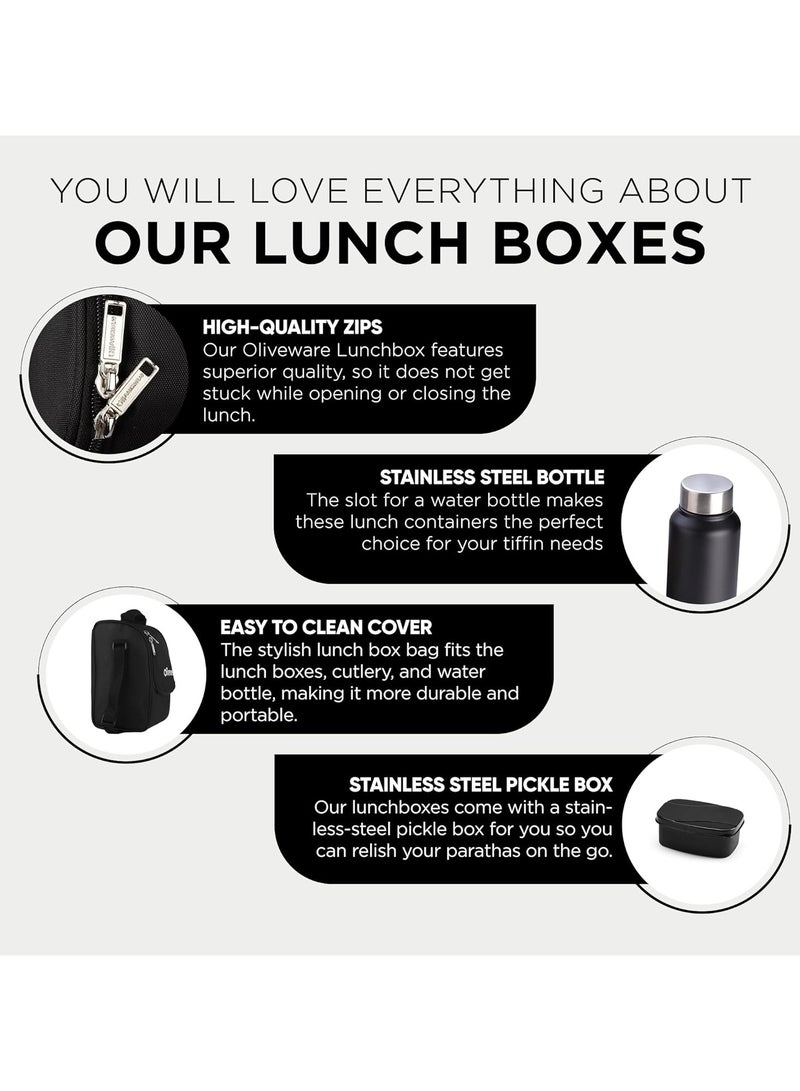 Oliveware Teso Lunch Box with Bottle Black | 3 Stainless Steel Containers and Pickle Box and Assorted Steel Bottle | Insulated Fabric Bag | Leak Proof Microwave Safe | Full Meal and Easy to Carry