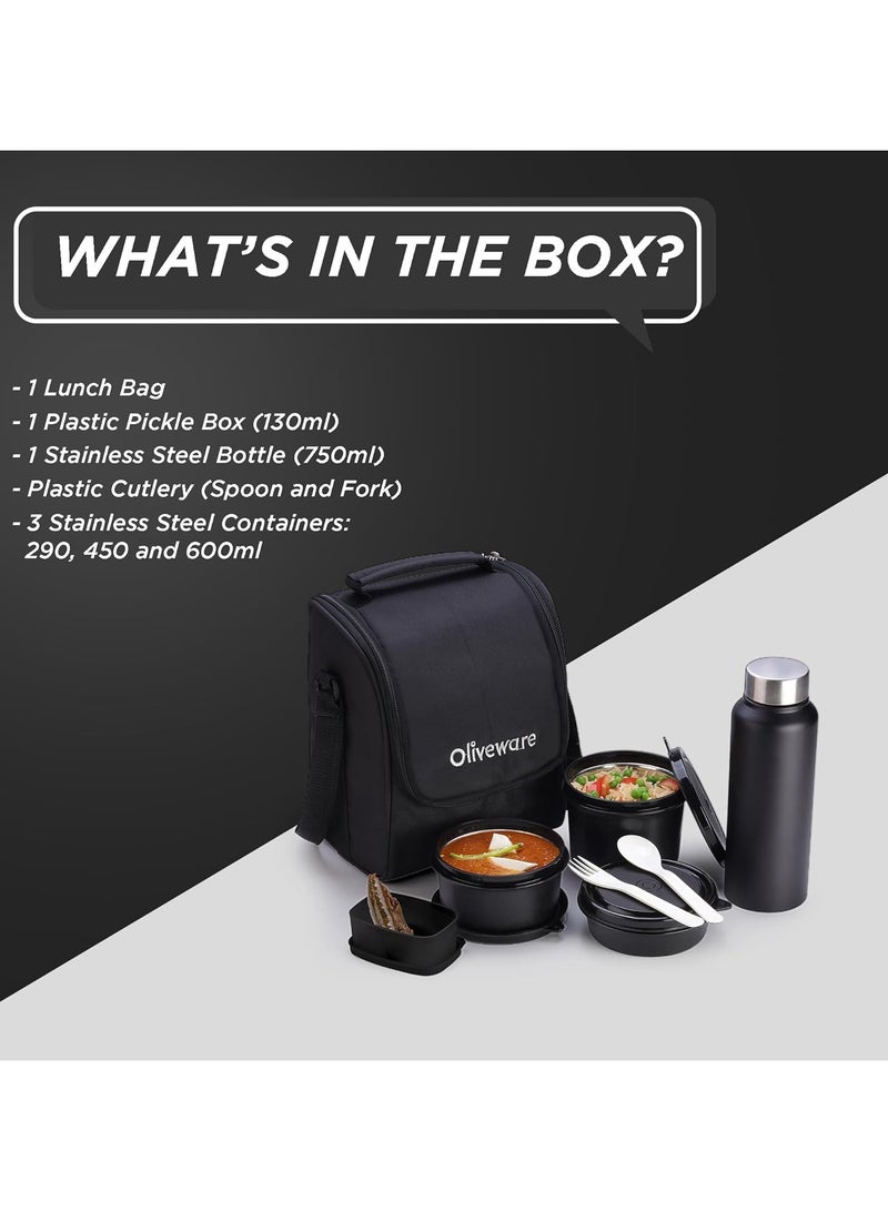 Oliveware Teso Lunch Box with Bottle Black | 3 Stainless Steel Containers and Pickle Box and Assorted Steel Bottle | Insulated Fabric Bag | Leak Proof Microwave Safe | Full Meal and Easy to Carry