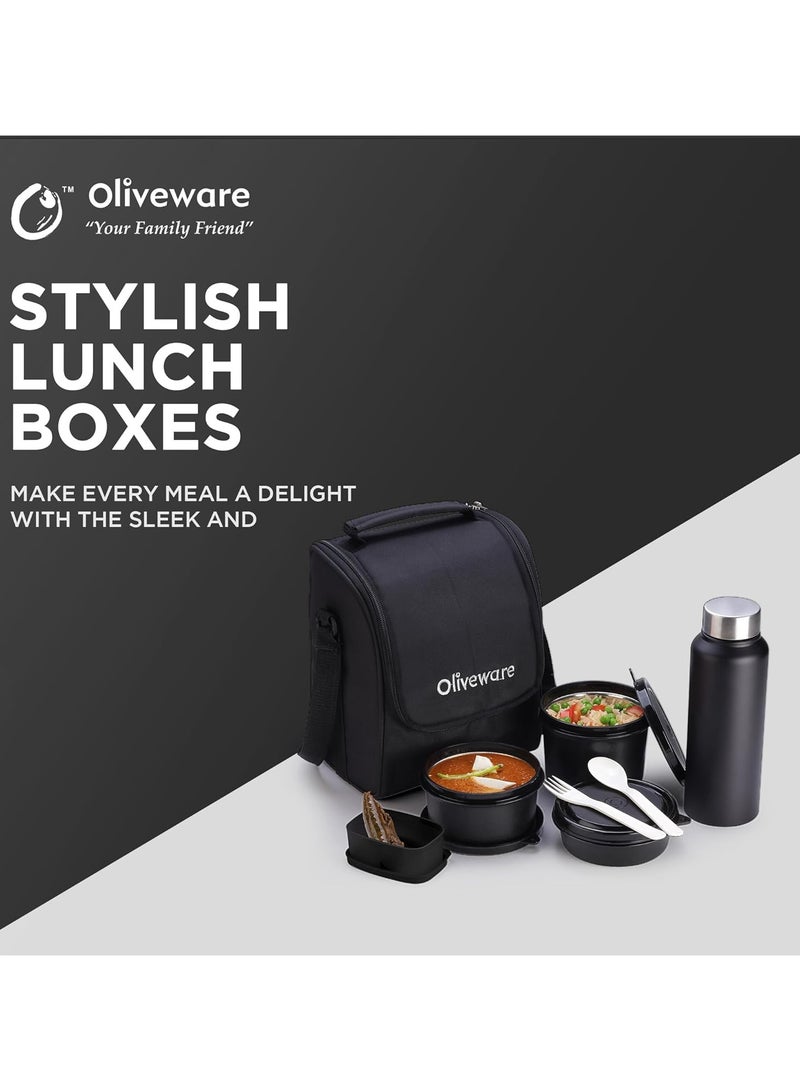 Oliveware Teso Lunch Box with Bottle Black | 3 Stainless Steel Containers and Pickle Box and Assorted Steel Bottle | Insulated Fabric Bag | Leak Proof Microwave Safe | Full Meal and Easy to Carry