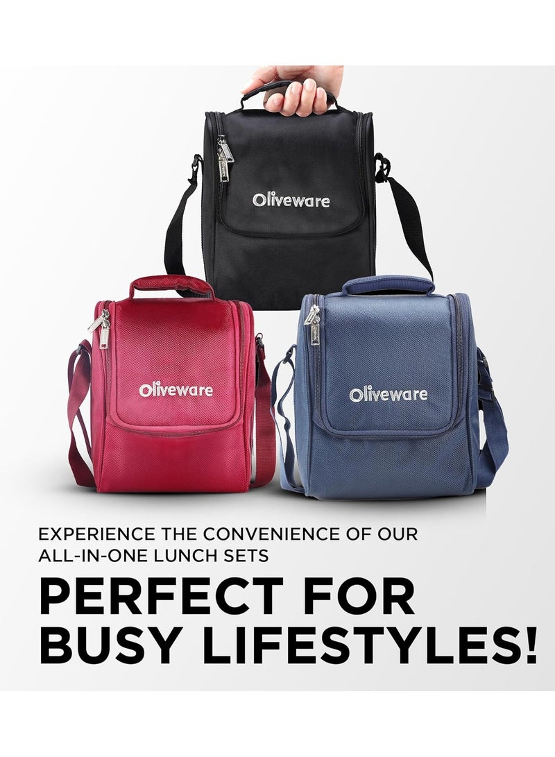 Oliveware Teso Lunch Box with Bottle Black | 3 Stainless Steel Containers and Pickle Box and Assorted Steel Bottle | Insulated Fabric Bag | Leak Proof Microwave Safe | Full Meal and Easy to Carry