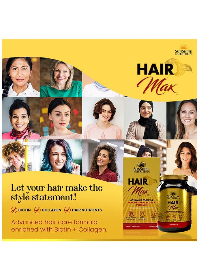 Hair Max Advanced Formula Dietary Supplement Infused With 5000 Mcg Biotin And Collagen For Hair Skin And Nails 100 Tablets