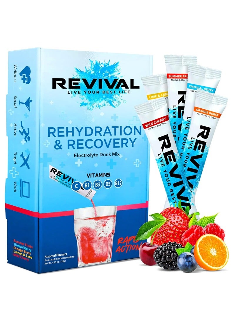 Revival Rehydration and recovery elctrolyte drink mix with vitamins C, B1, B3, B5, B12  mix flavour