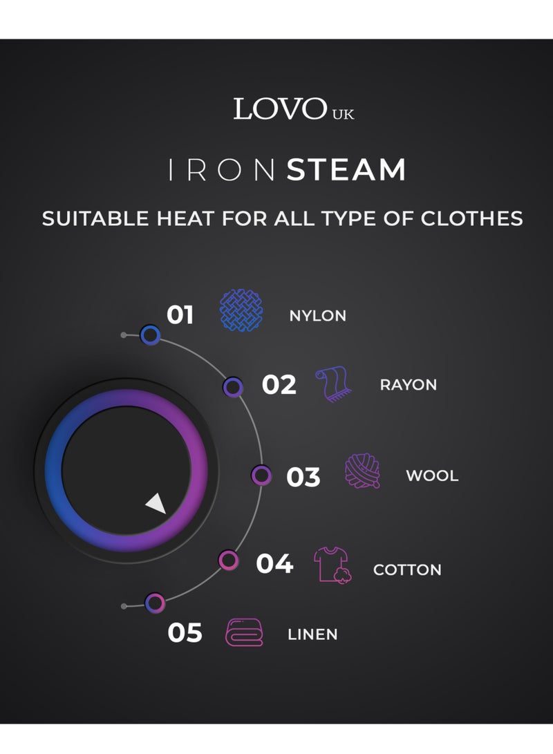 Steam Iron, Easy Steam, Ceramic Coated Sole Plate, Motion sensor with automatic switch-off, Hotel safety iron with powerful steam functions, LOVO Steam Iron HS05