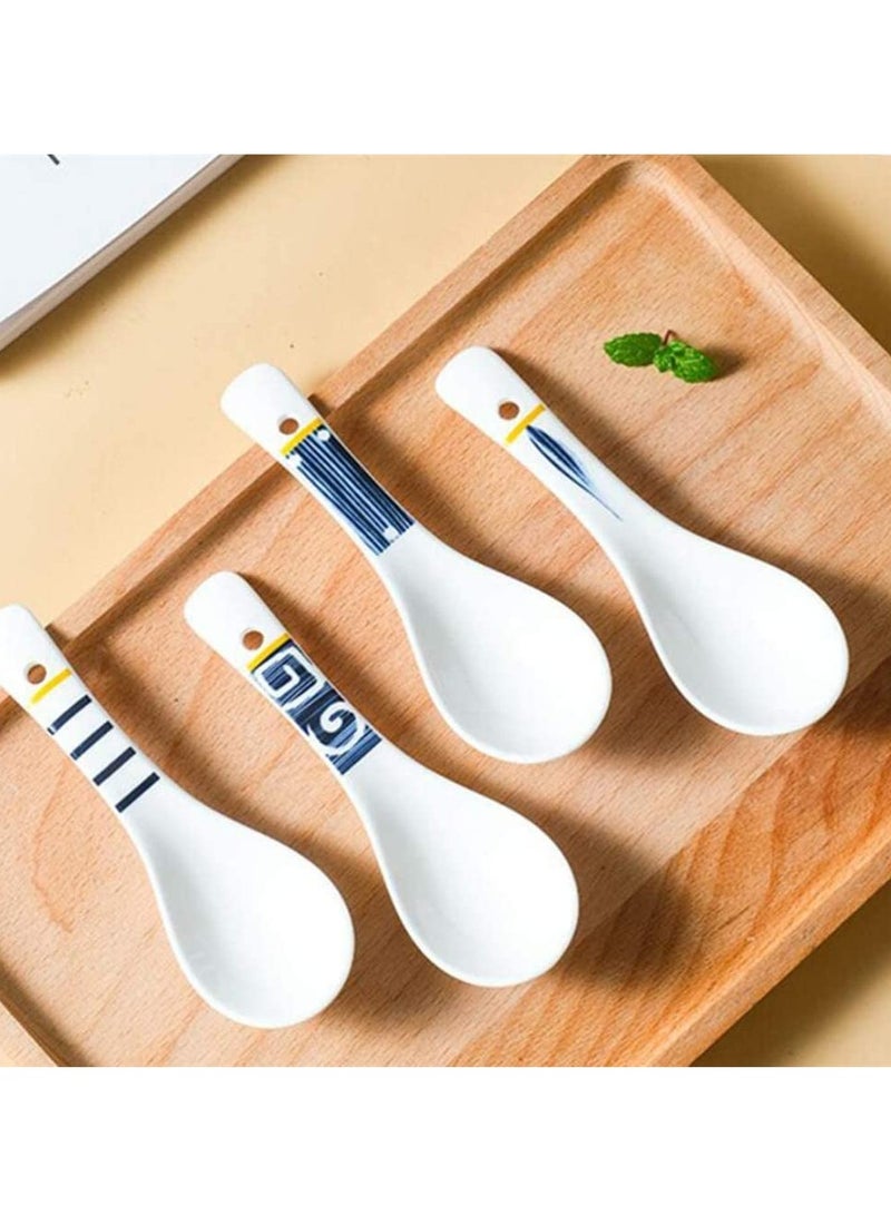 Ceramic Porcelain Soup Spoons, 4 Pcs Asian Style Spoons for Ramen, Wonton, Dumpling, and Dessert, Perfect for Kitchen Tableware, Japanese Chinese Design, Dishwasher Safe, White